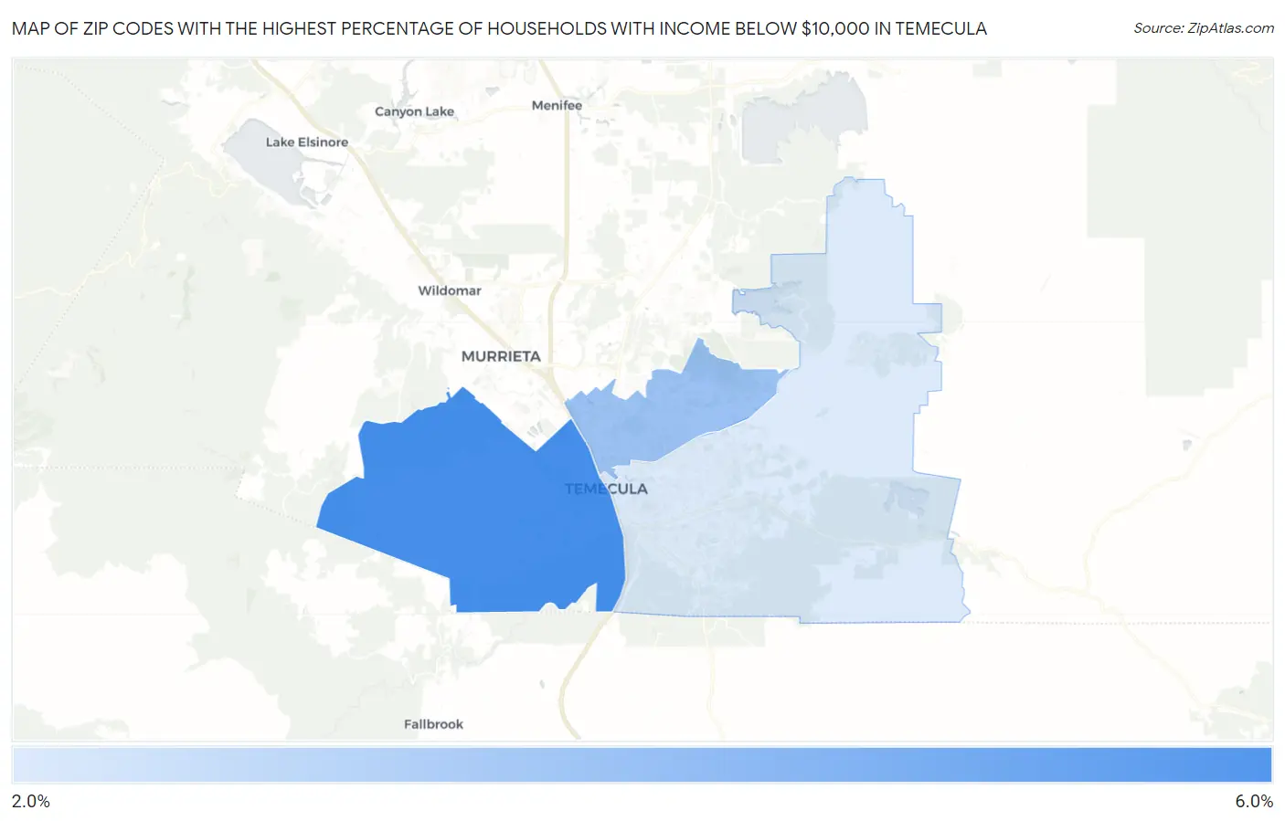 Zip Codes with the Highest Percentage of Households with Income Below $10,000 in Temecula Map