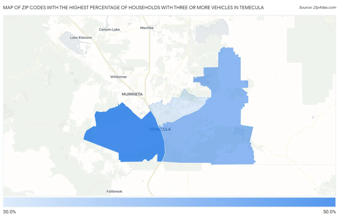 Zip Codes with the Highest Percentage of Households With Three or more Vehicles in Temecula Map