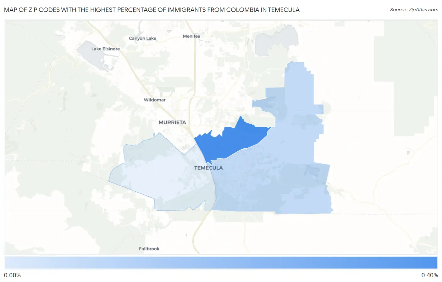Zip Codes with the Highest Percentage of Immigrants from Colombia in Temecula Map