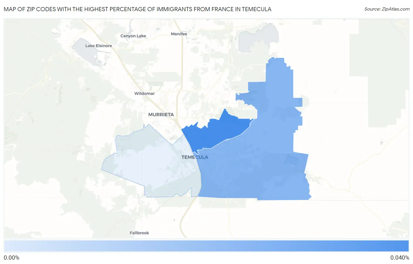 Zip Codes with the Highest Percentage of Immigrants from France in Temecula Map