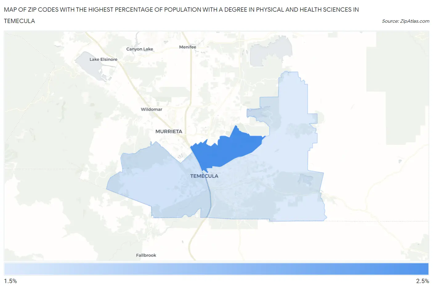 Zip Codes with the Highest Percentage of Population with a Degree in Physical and Health Sciences in Temecula Map