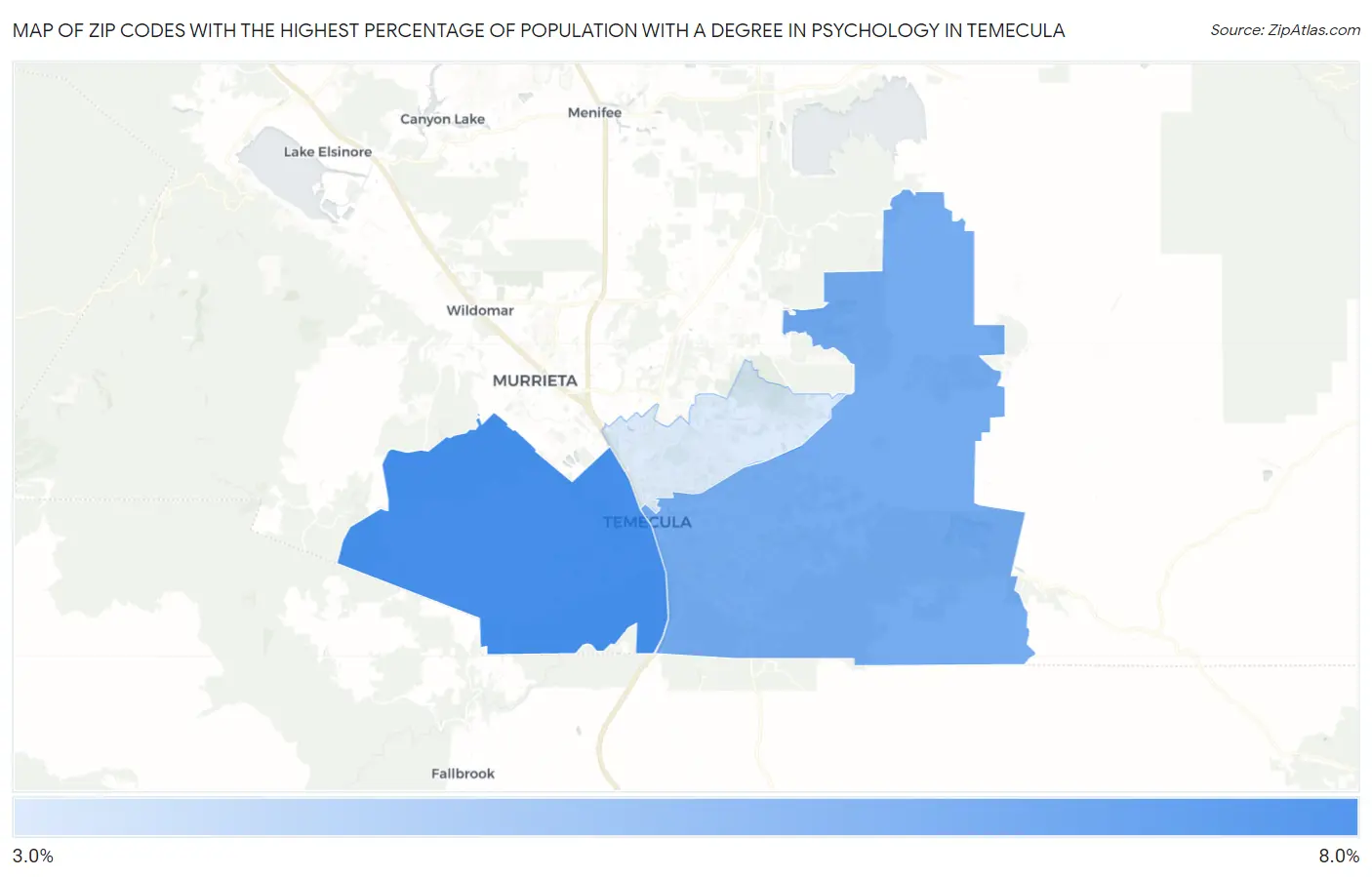 Zip Codes with the Highest Percentage of Population with a Degree in Psychology in Temecula Map