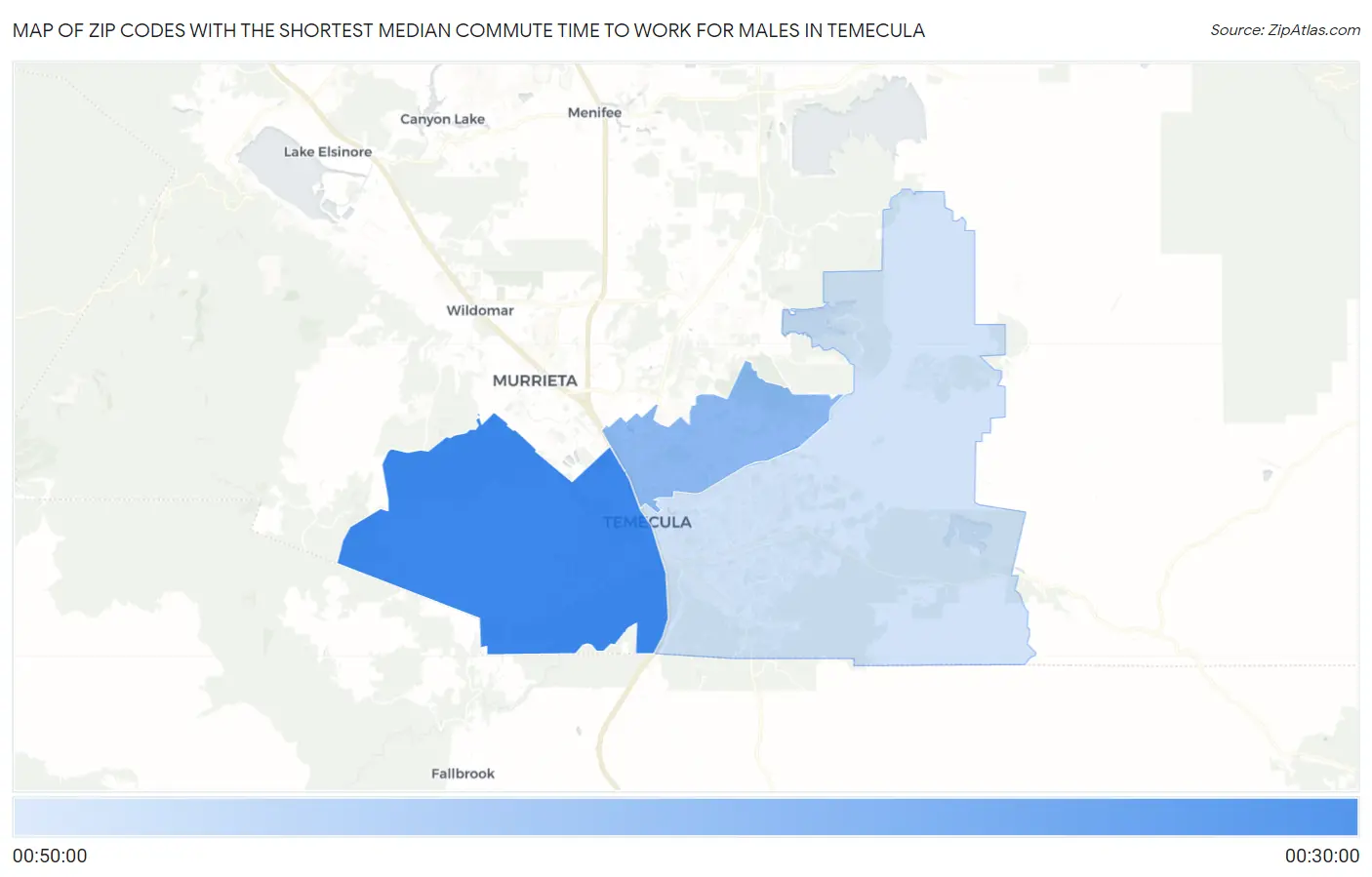 Zip Codes with the Shortest Median Commute Time to Work for Males in Temecula Map