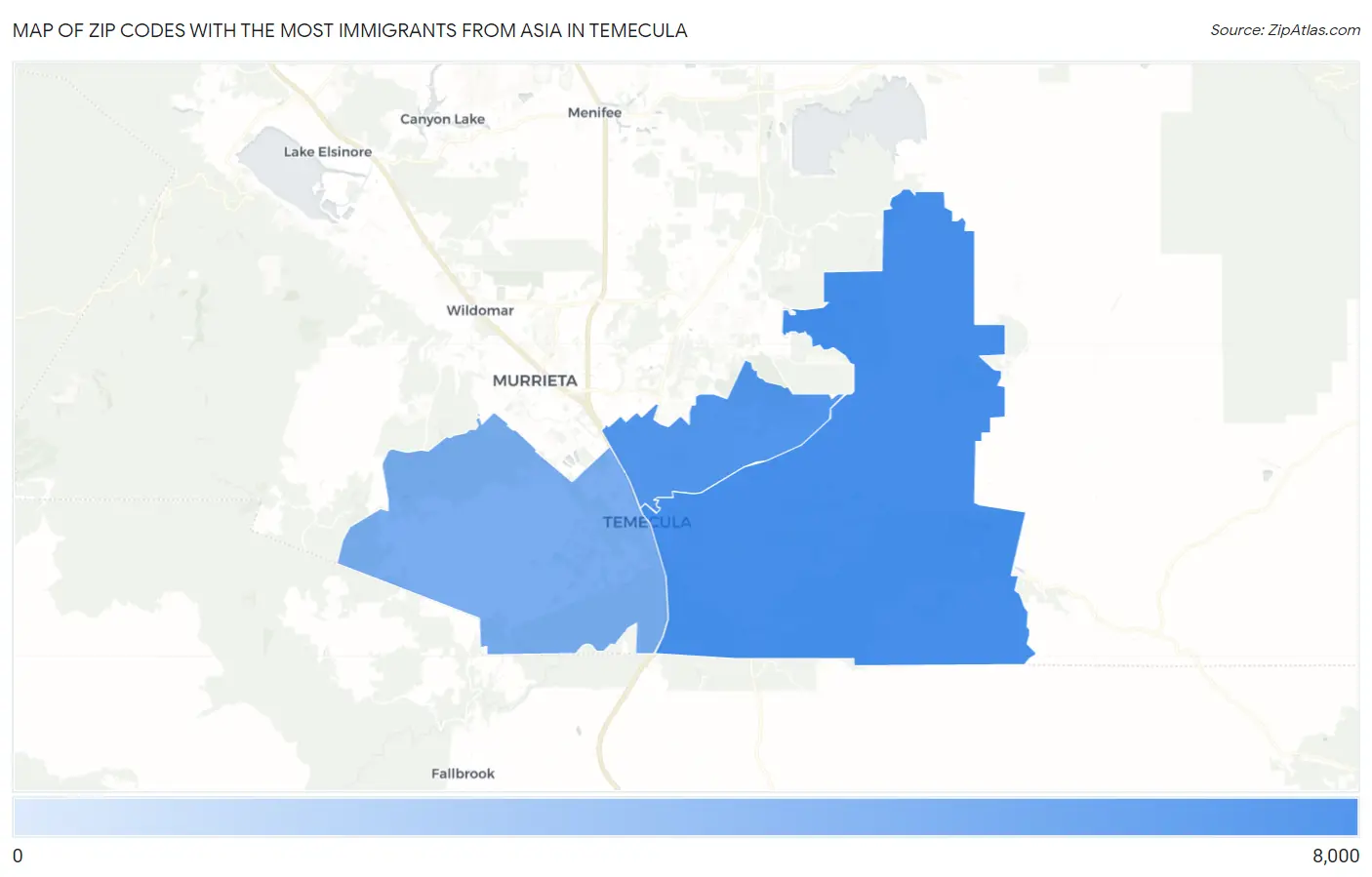 Zip Codes with the Most Immigrants from Asia in Temecula Map