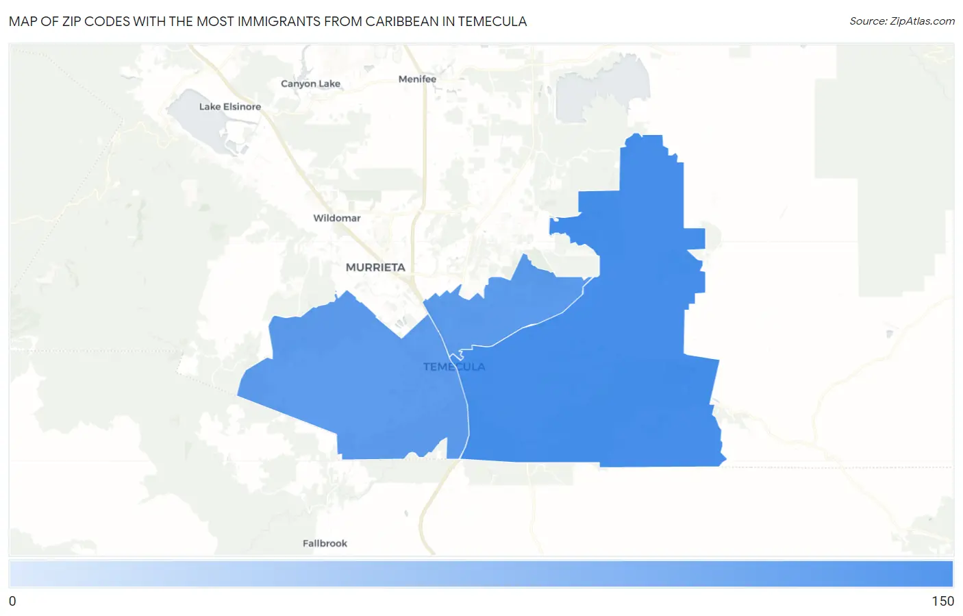 Zip Codes with the Most Immigrants from Caribbean in Temecula Map