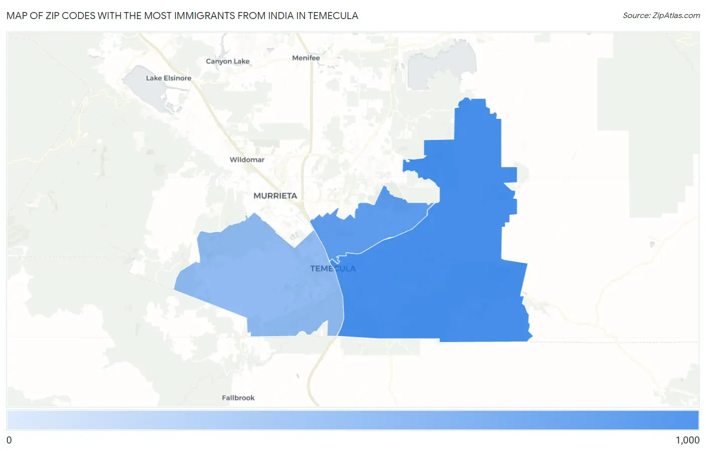Zip Codes with the Most Immigrants from India in Temecula Map