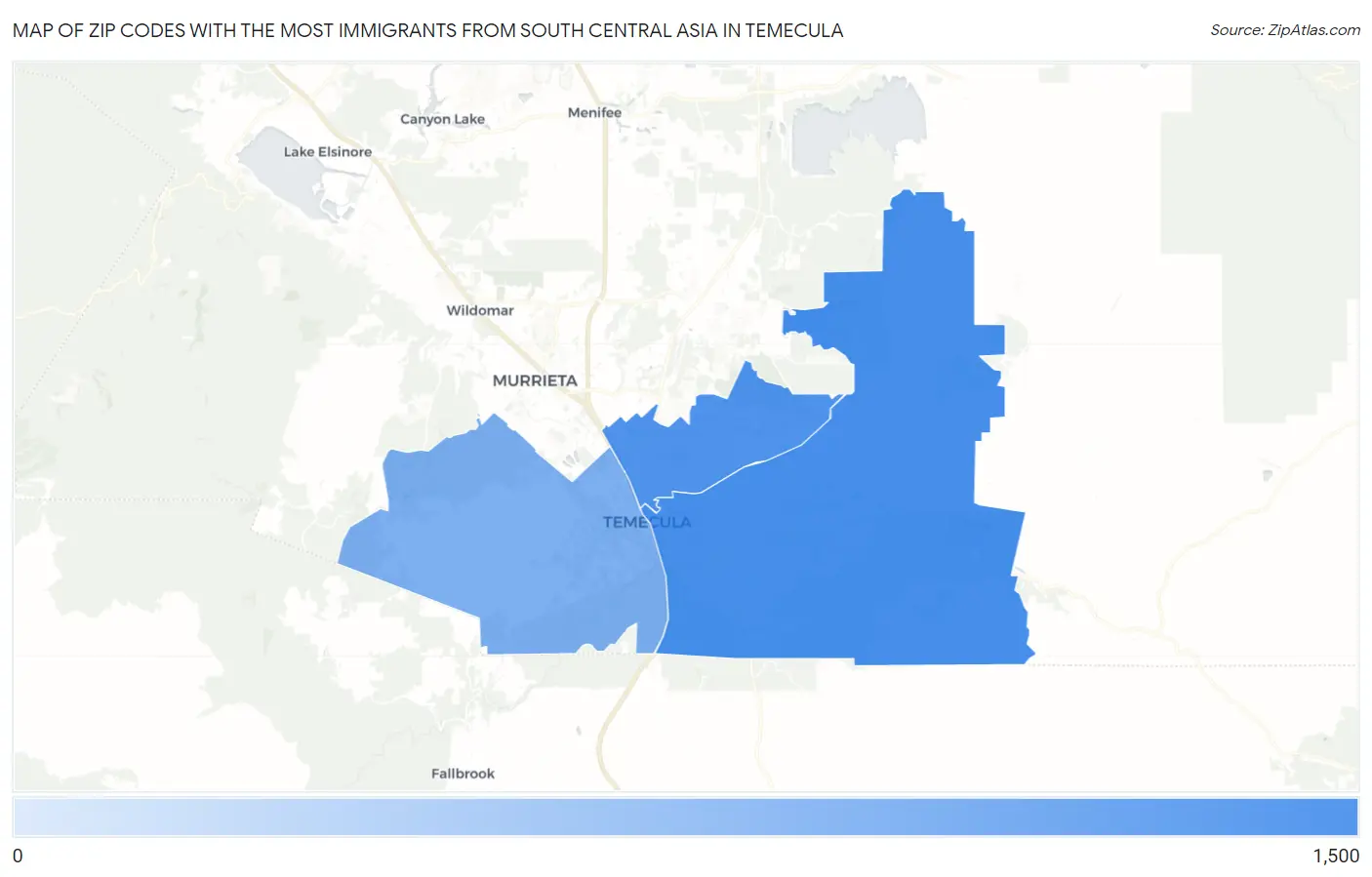 Zip Codes with the Most Immigrants from South Central Asia in Temecula Map