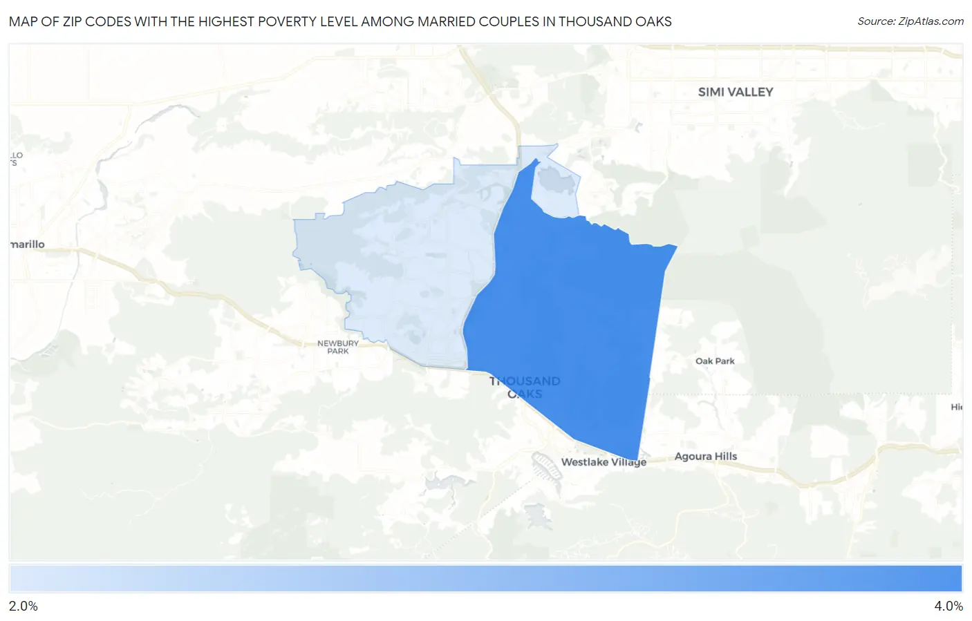 Zip Codes with the Highest Poverty Level Among Married Couples in Thousand Oaks Map