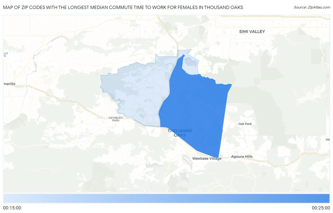 Zip Codes with the Longest Median Commute Time to Work for Females in Thousand Oaks Map