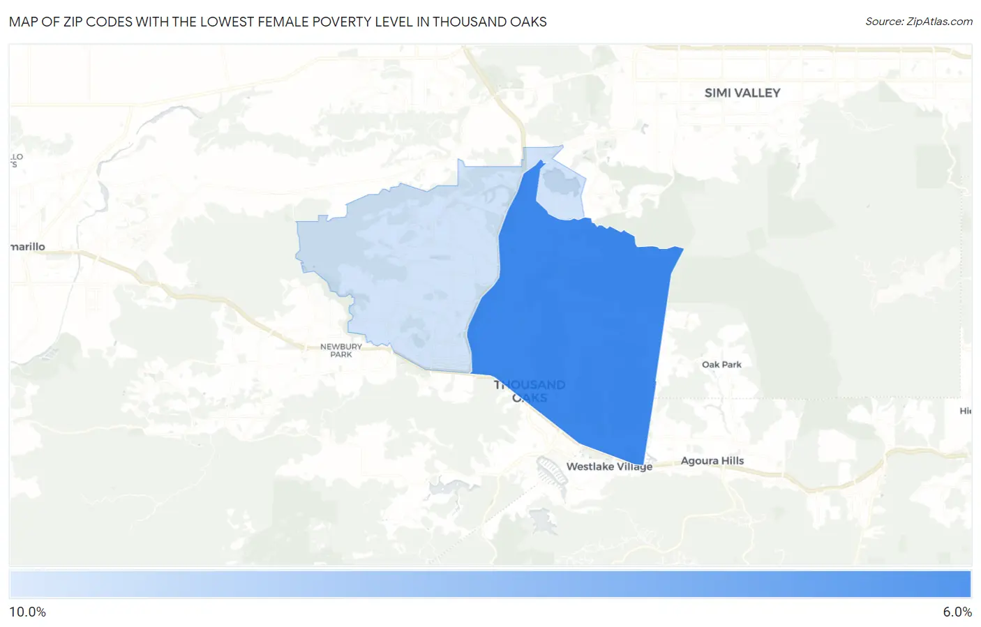 Zip Codes with the Lowest Female Poverty Level in Thousand Oaks Map