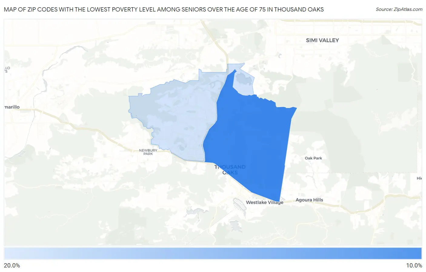 Zip Codes with the Lowest Poverty Level Among Seniors Over the Age of 75 in Thousand Oaks Map
