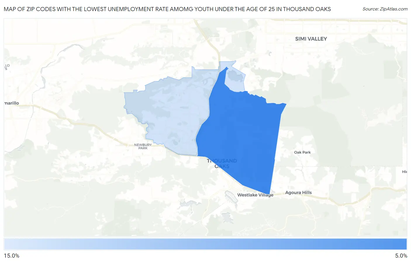 Zip Codes with the Lowest Unemployment Rate Amomg Youth Under the Age of 25 in Thousand Oaks Map