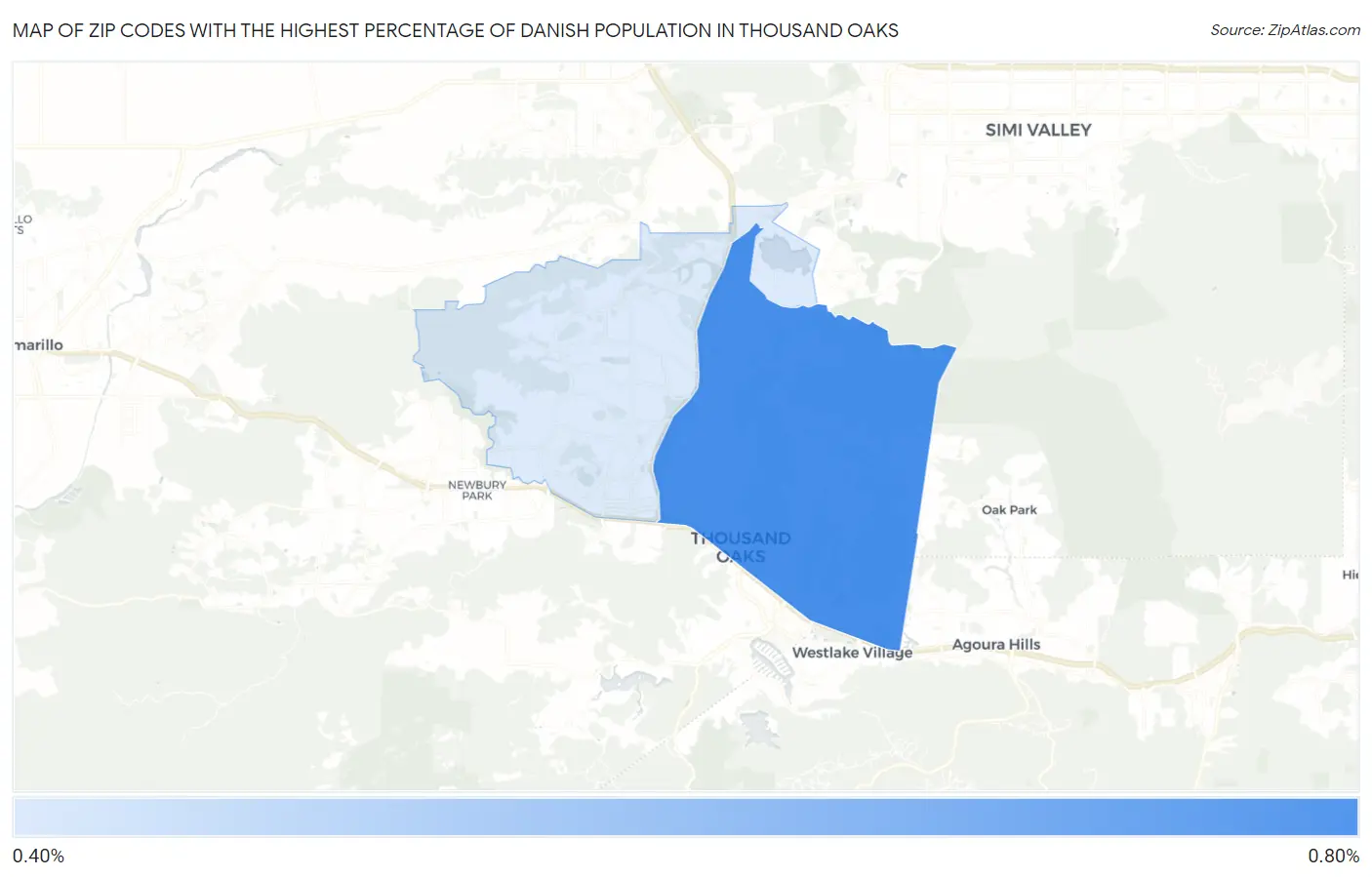 Zip Codes with the Highest Percentage of Danish Population in Thousand Oaks Map