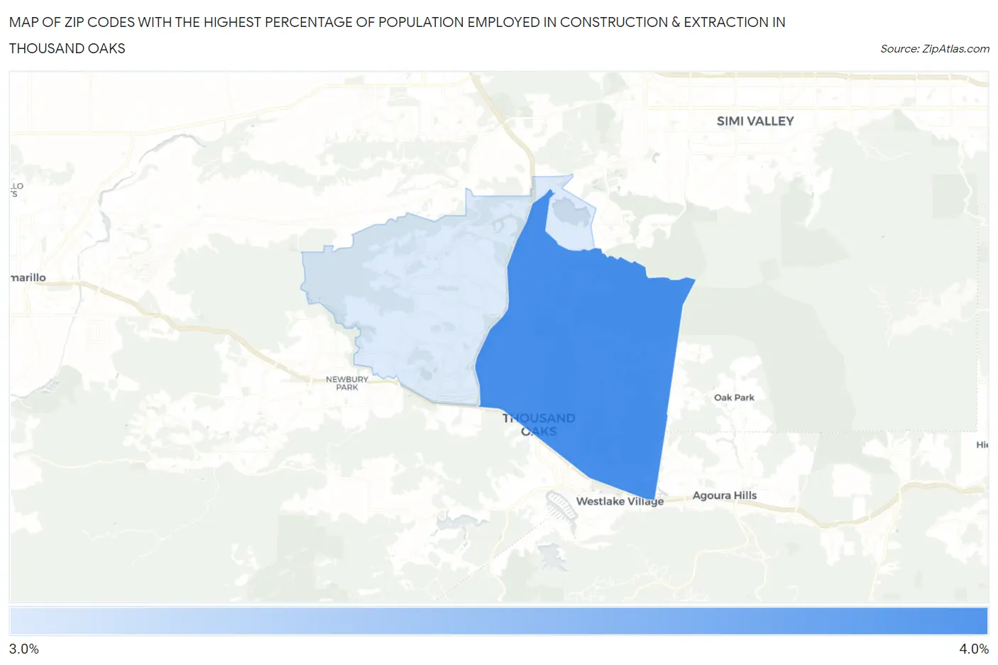 Zip Codes with the Highest Percentage of Population Employed in Construction & Extraction in Thousand Oaks Map