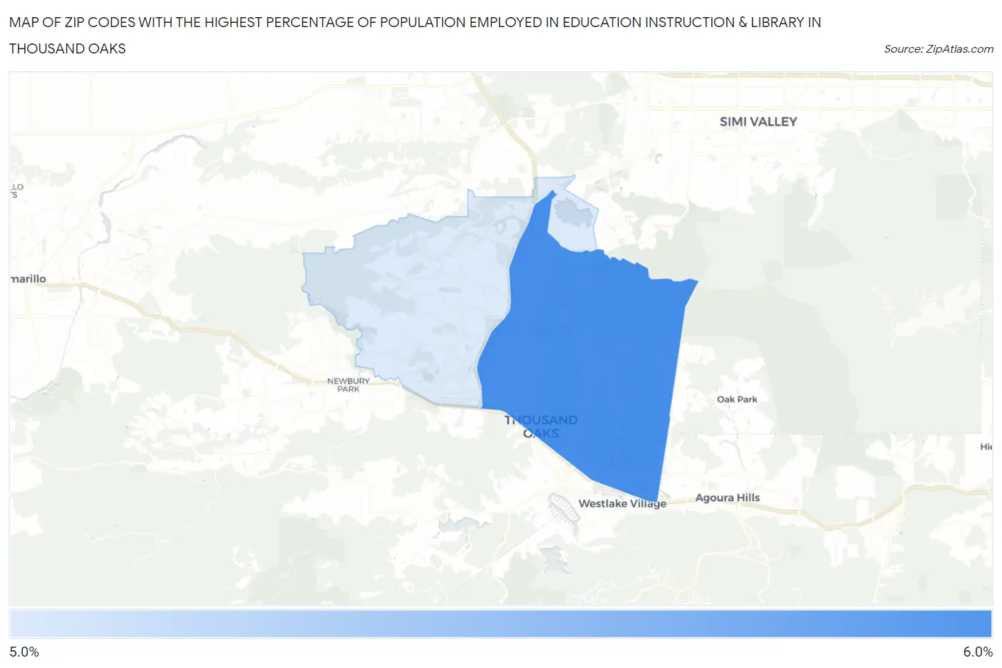 Zip Codes with the Highest Percentage of Population Employed in Education Instruction & Library in Thousand Oaks Map