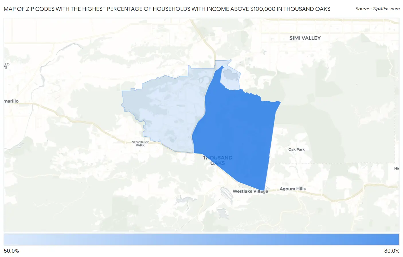 Zip Codes with the Highest Percentage of Households with Income Above $100,000 in Thousand Oaks Map
