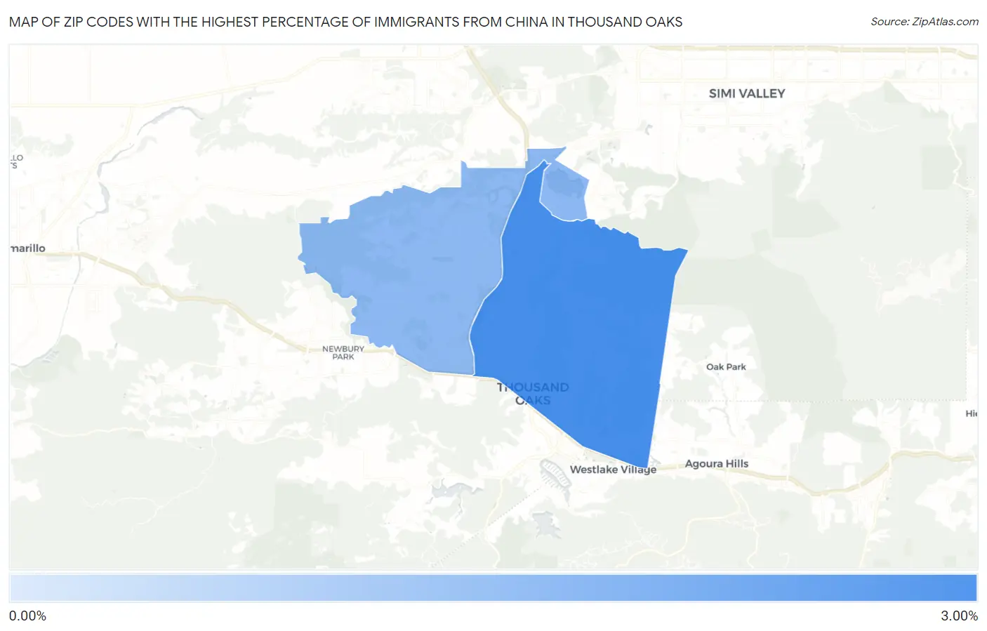 Zip Codes with the Highest Percentage of Immigrants from China in Thousand Oaks Map