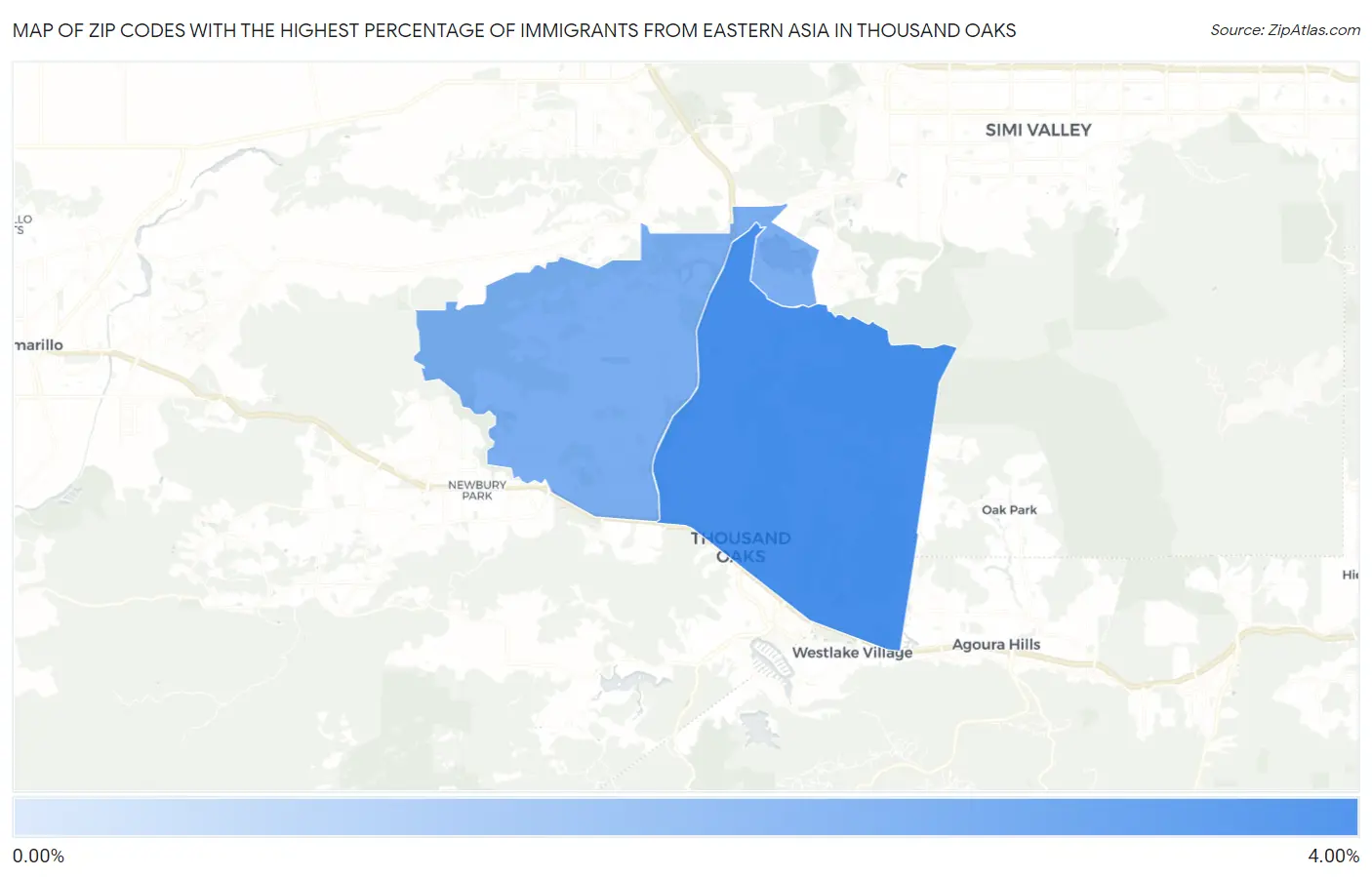 Zip Codes with the Highest Percentage of Immigrants from Eastern Asia in Thousand Oaks Map