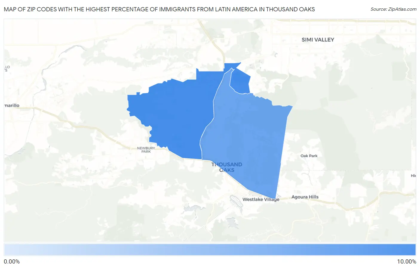 Zip Codes with the Highest Percentage of Immigrants from Latin America in Thousand Oaks Map