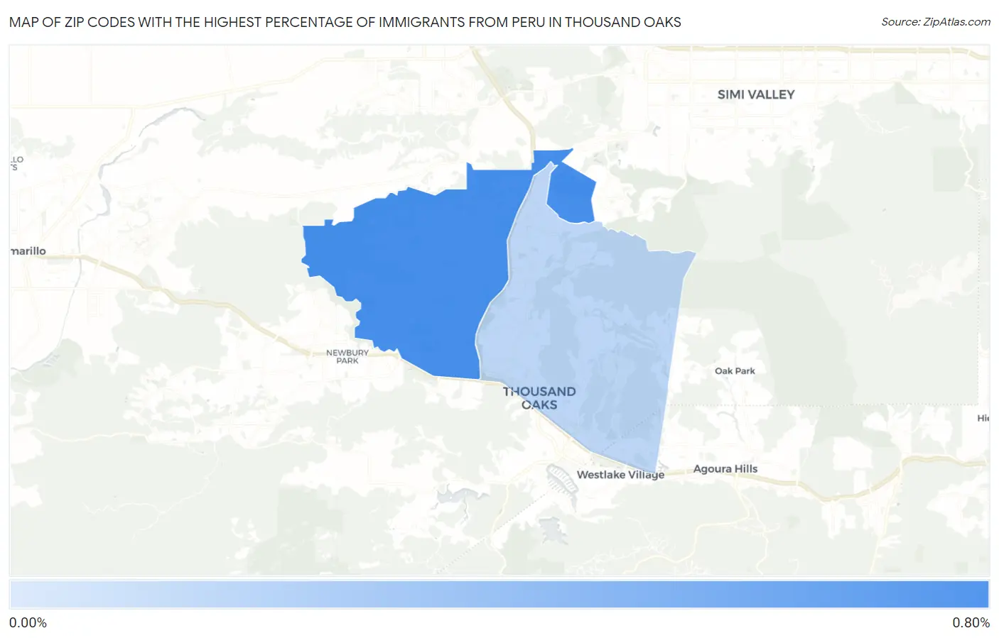 Zip Codes with the Highest Percentage of Immigrants from Peru in Thousand Oaks Map