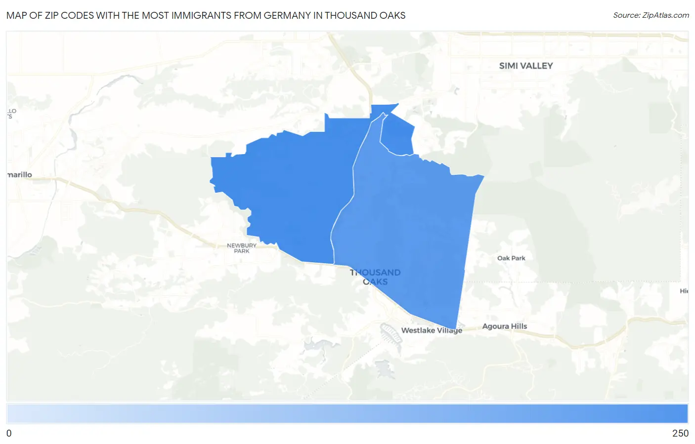Zip Codes with the Most Immigrants from Germany in Thousand Oaks Map