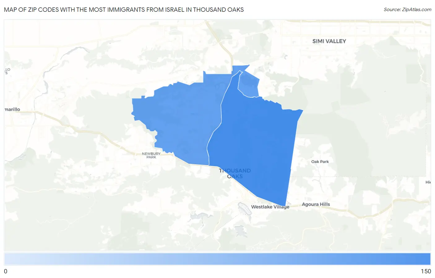 Zip Codes with the Most Immigrants from Israel in Thousand Oaks Map