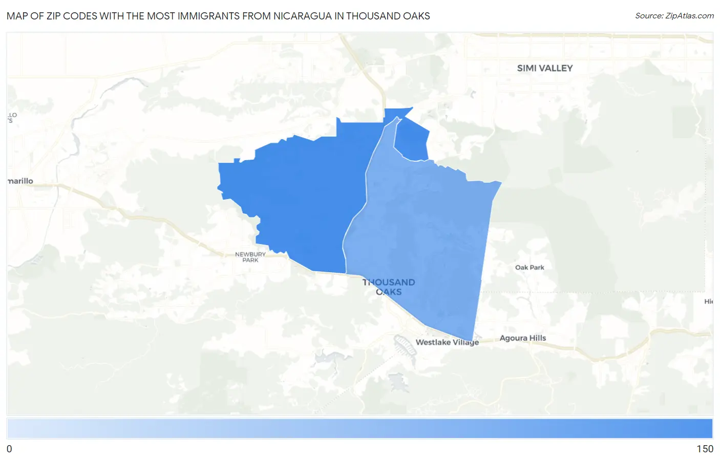 Zip Codes with the Most Immigrants from Nicaragua in Thousand Oaks Map