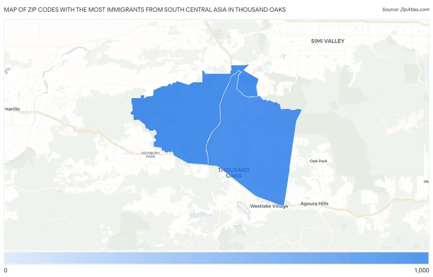 Zip Codes with the Most Immigrants from South Central Asia in Thousand Oaks Map