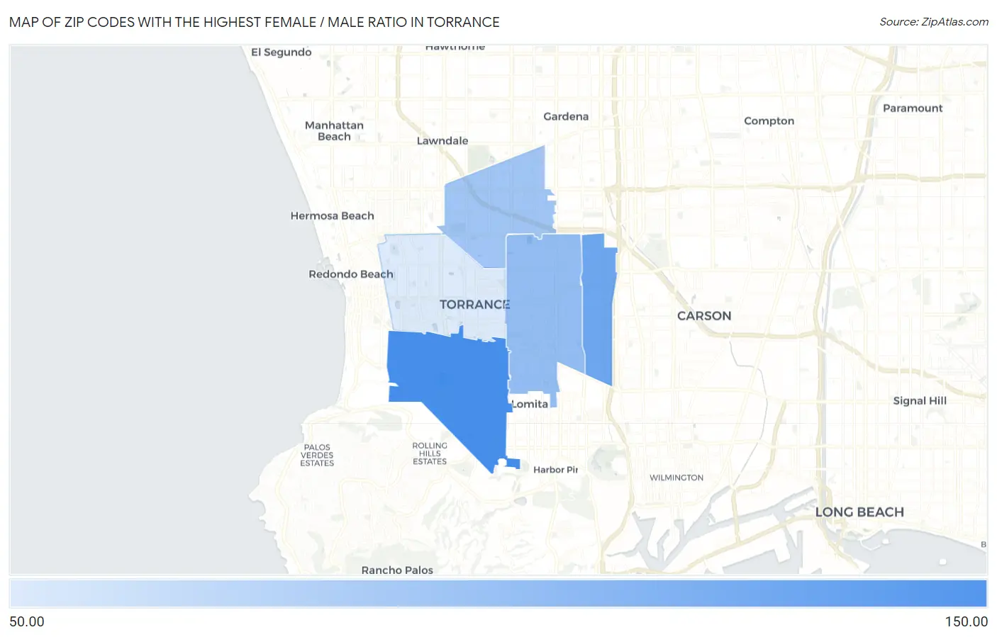 Zip Codes with the Highest Female / Male Ratio in Torrance Map