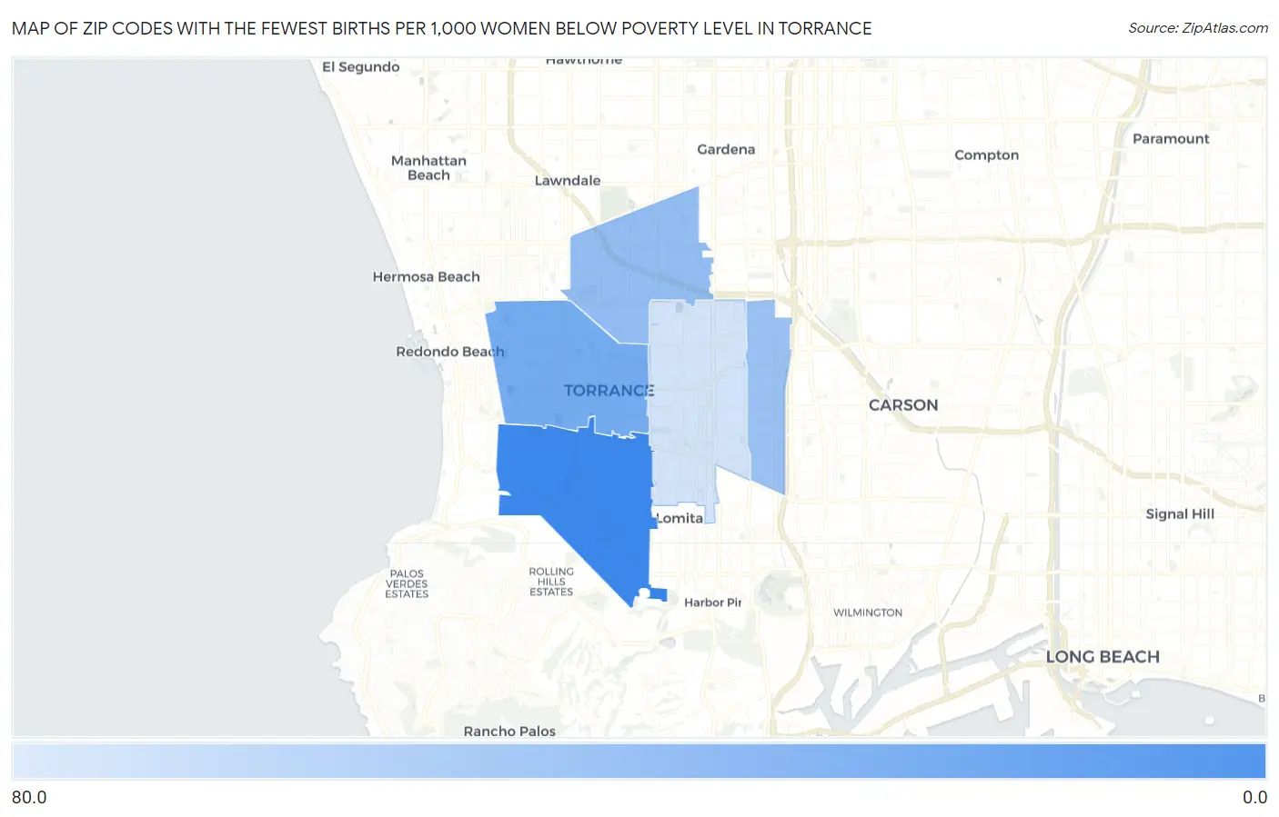 Zip Codes with the Fewest Births per 1,000 Women Below Poverty Level in Torrance Map
