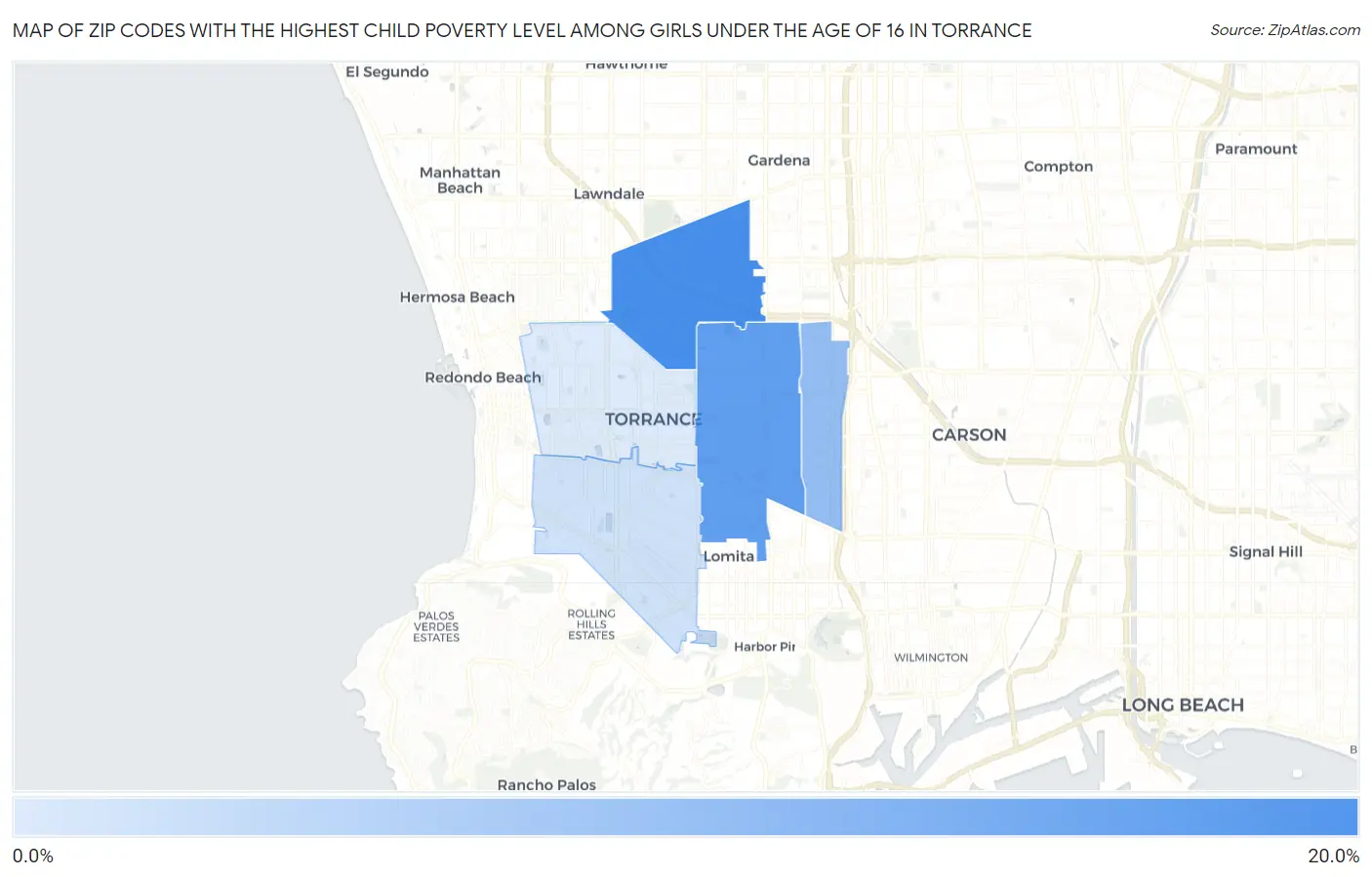 Zip Codes with the Highest Child Poverty Level Among Girls Under the Age of 16 in Torrance Map