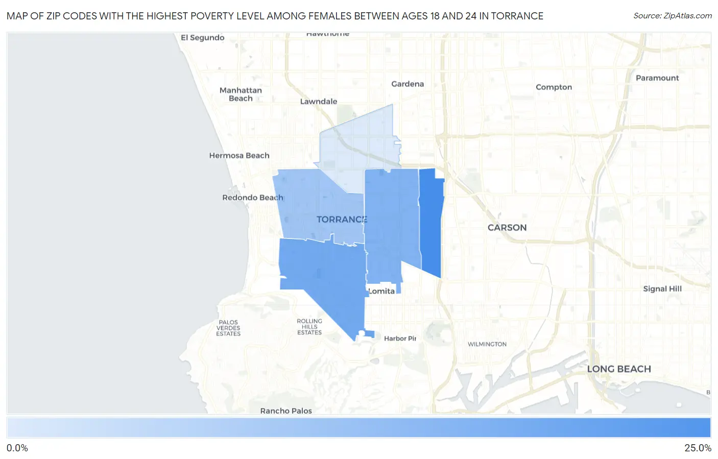 Zip Codes with the Highest Poverty Level Among Females Between Ages 18 and 24 in Torrance Map