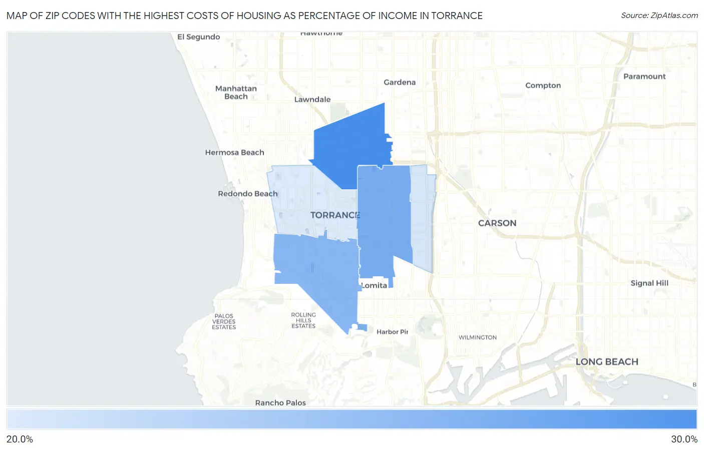 Zip Codes with the Highest Costs of Housing as Percentage of Income in Torrance Map