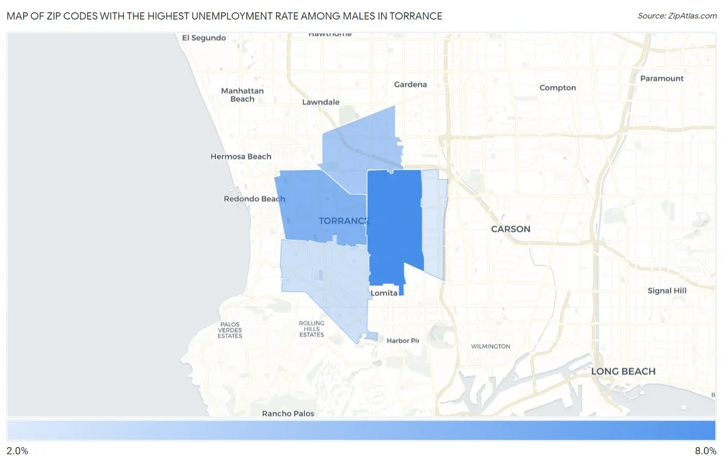 Zip Codes with the Highest Unemployment Rate Among Males in Torrance Map