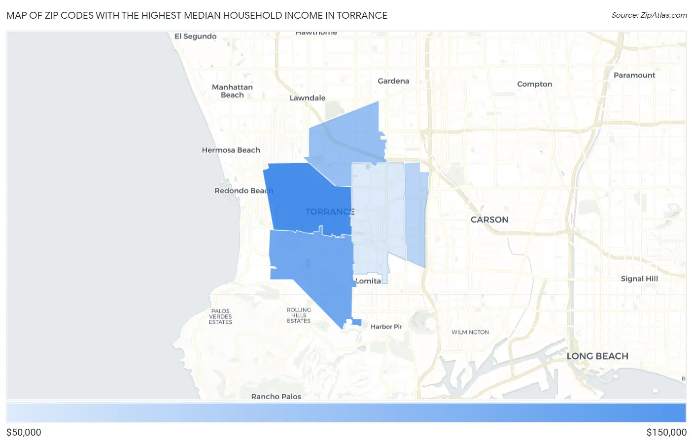 Zip Codes with the Highest Median Household Income in Torrance Map