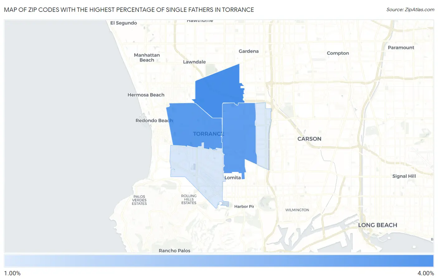 Zip Codes with the Highest Percentage of Single Fathers in Torrance Map