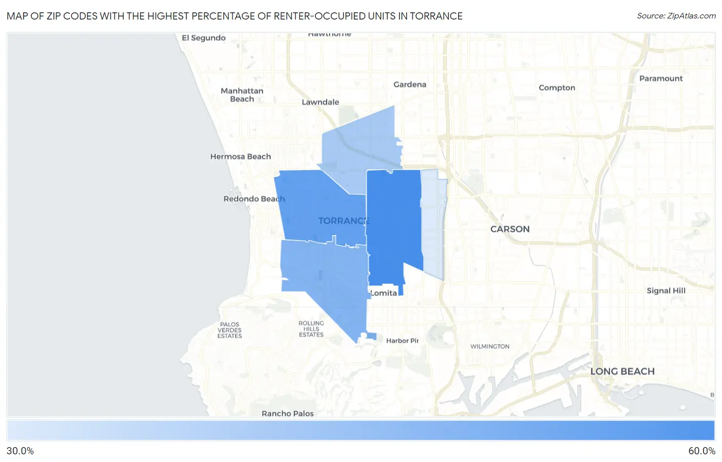 Zip Codes with the Highest Percentage of Renter-Occupied Units in Torrance Map