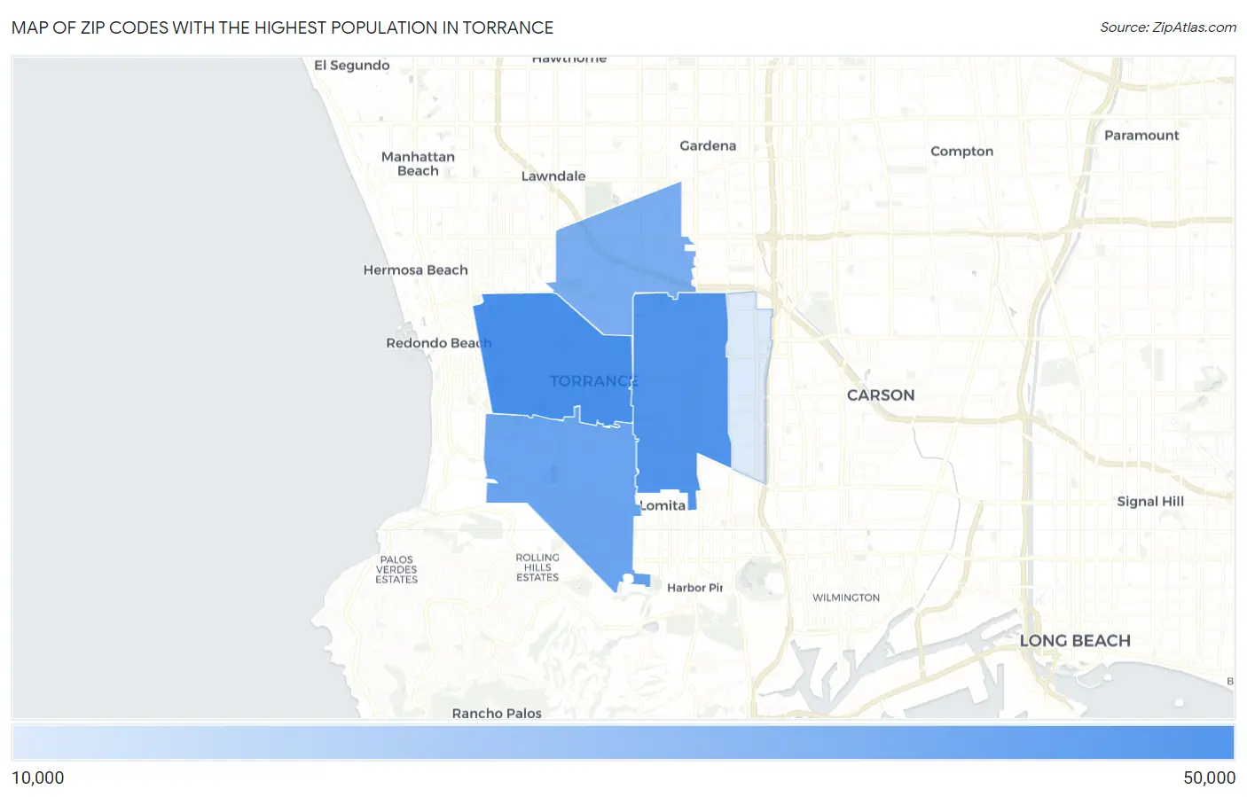 Zip Codes with the Highest Population in Torrance Map