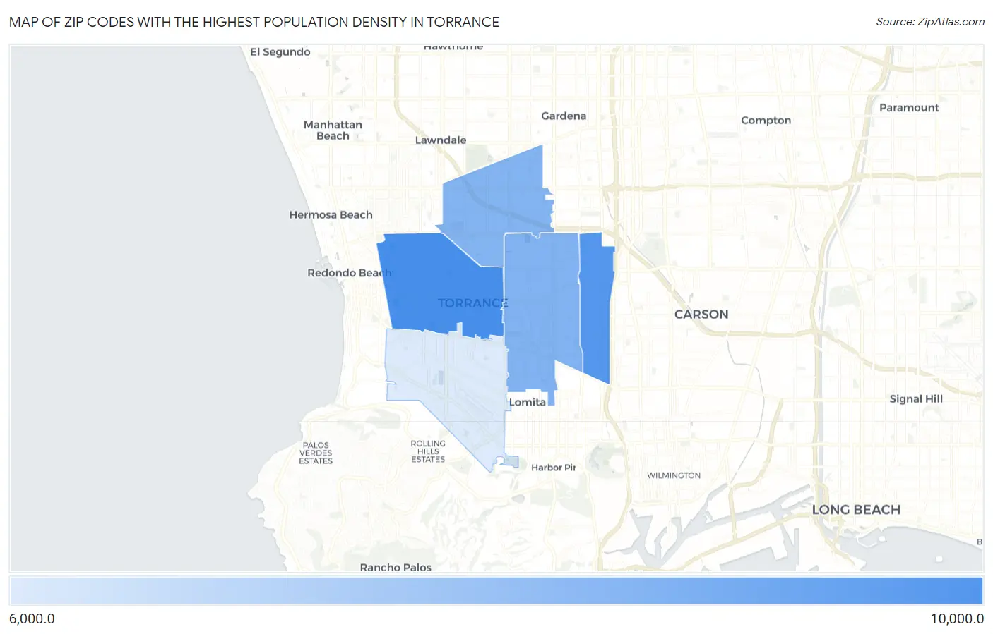 Zip Codes with the Highest Population Density in Torrance Map