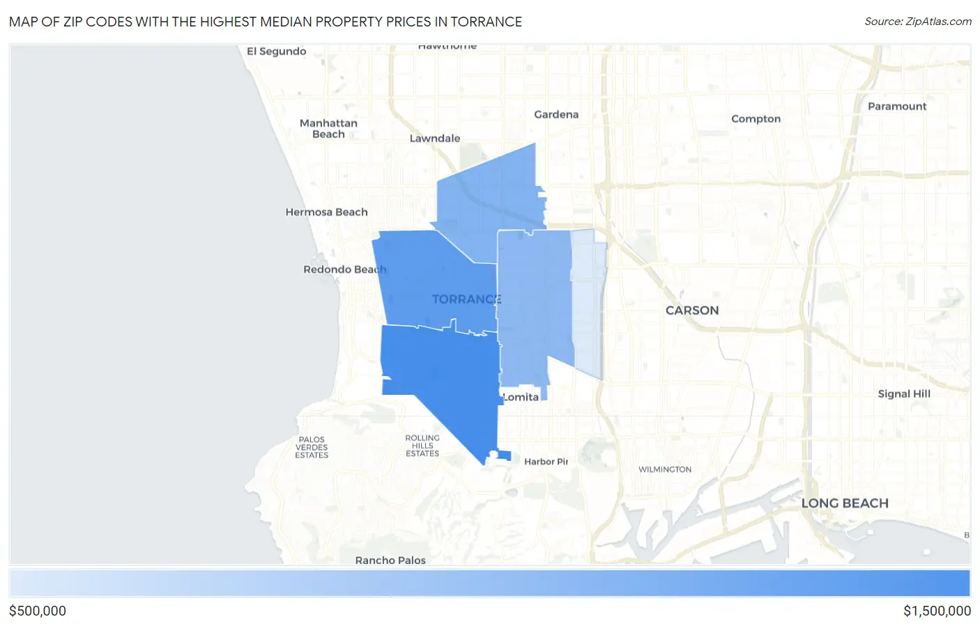 Zip Codes with the Highest Median Property Prices in Torrance Map
