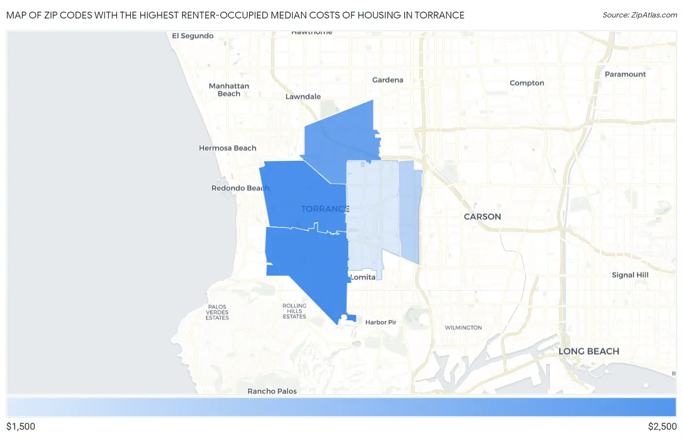 Zip Codes with the Highest Renter-Occupied Median Costs of Housing in Torrance Map