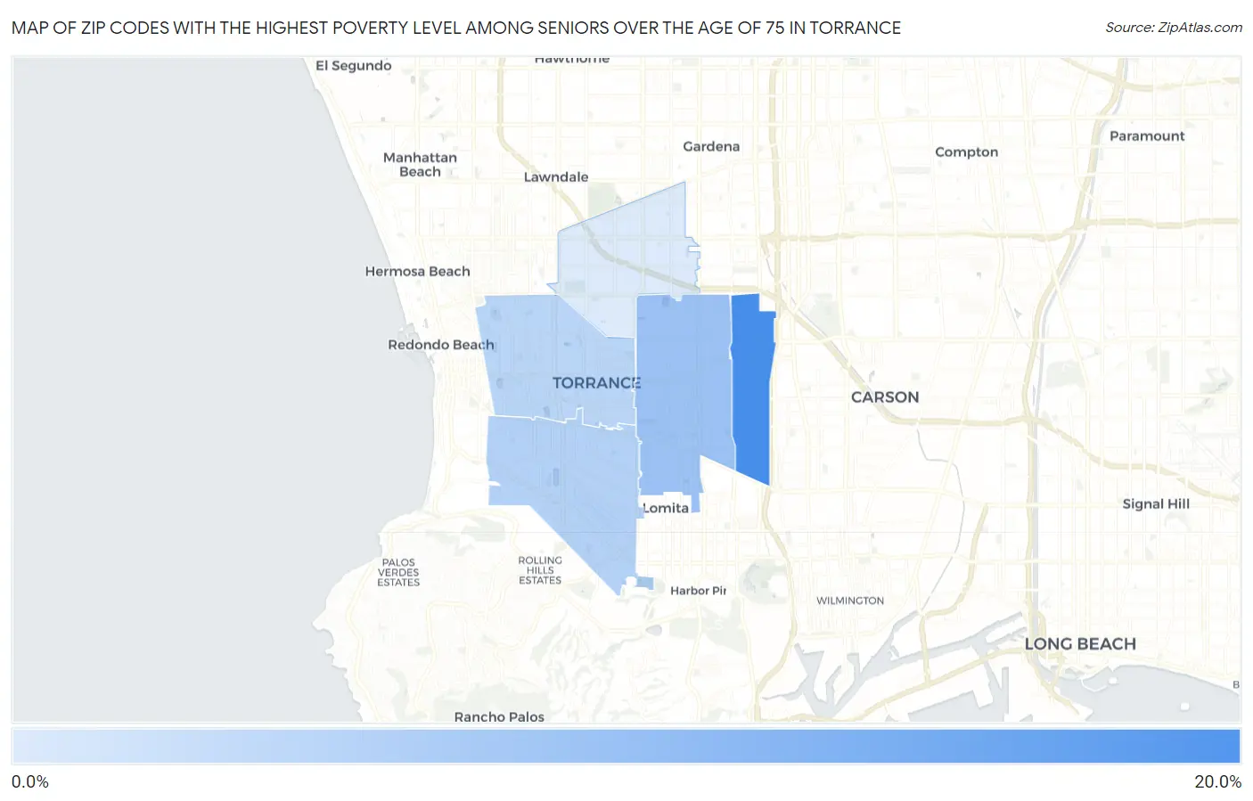 Zip Codes with the Highest Poverty Level Among Seniors Over the Age of 75 in Torrance Map