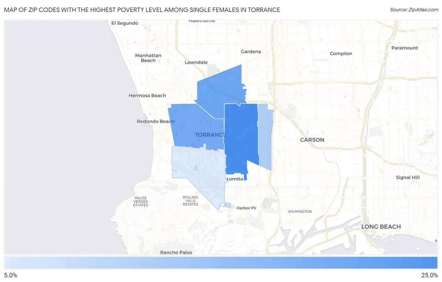 Zip Codes with the Highest Poverty Level Among Single Females in Torrance Map