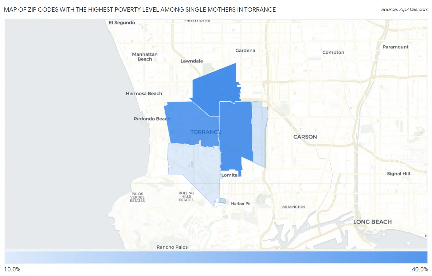 Zip Codes with the Highest Poverty Level Among Single Mothers in Torrance Map