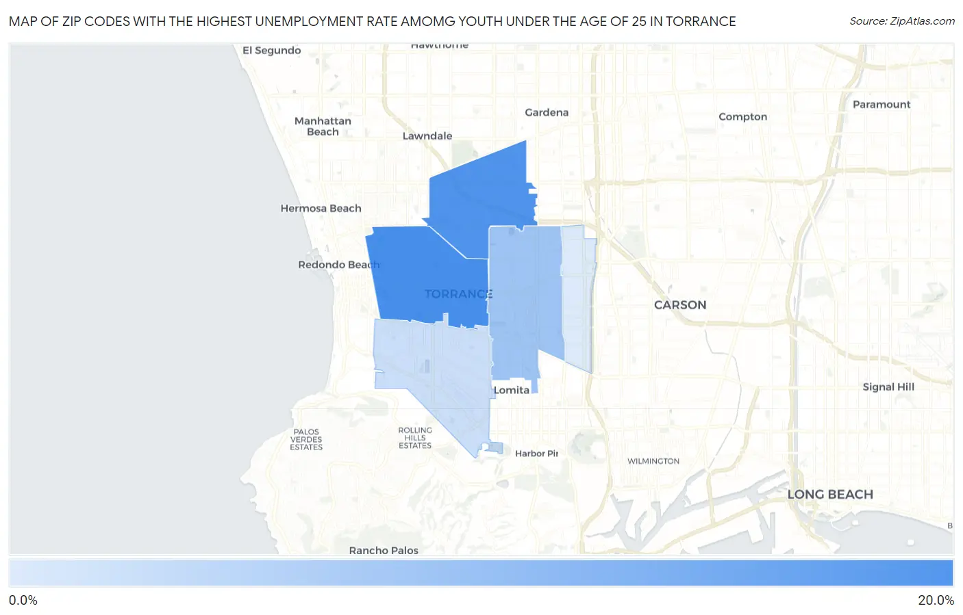 Zip Codes with the Highest Unemployment Rate Amomg Youth Under the Age of 25 in Torrance Map