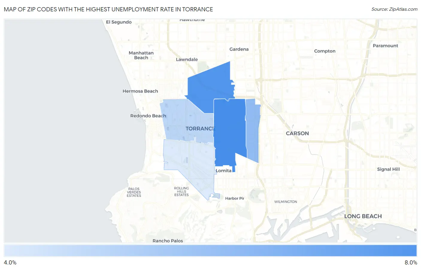 Zip Codes with the Highest Unemployment Rate in Torrance Map