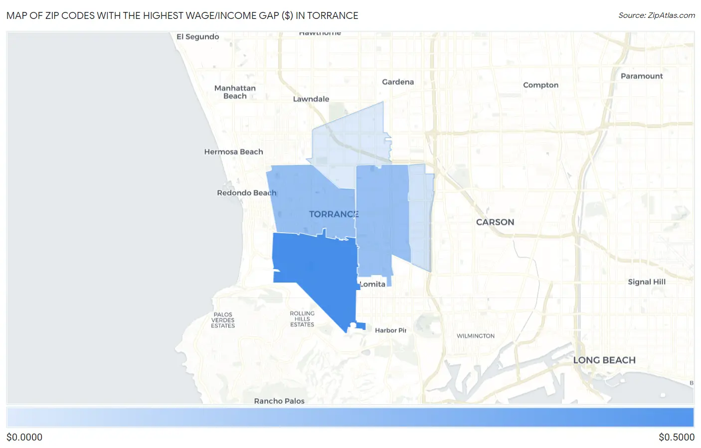 Zip Codes with the Highest Wage/Income Gap ($) in Torrance Map