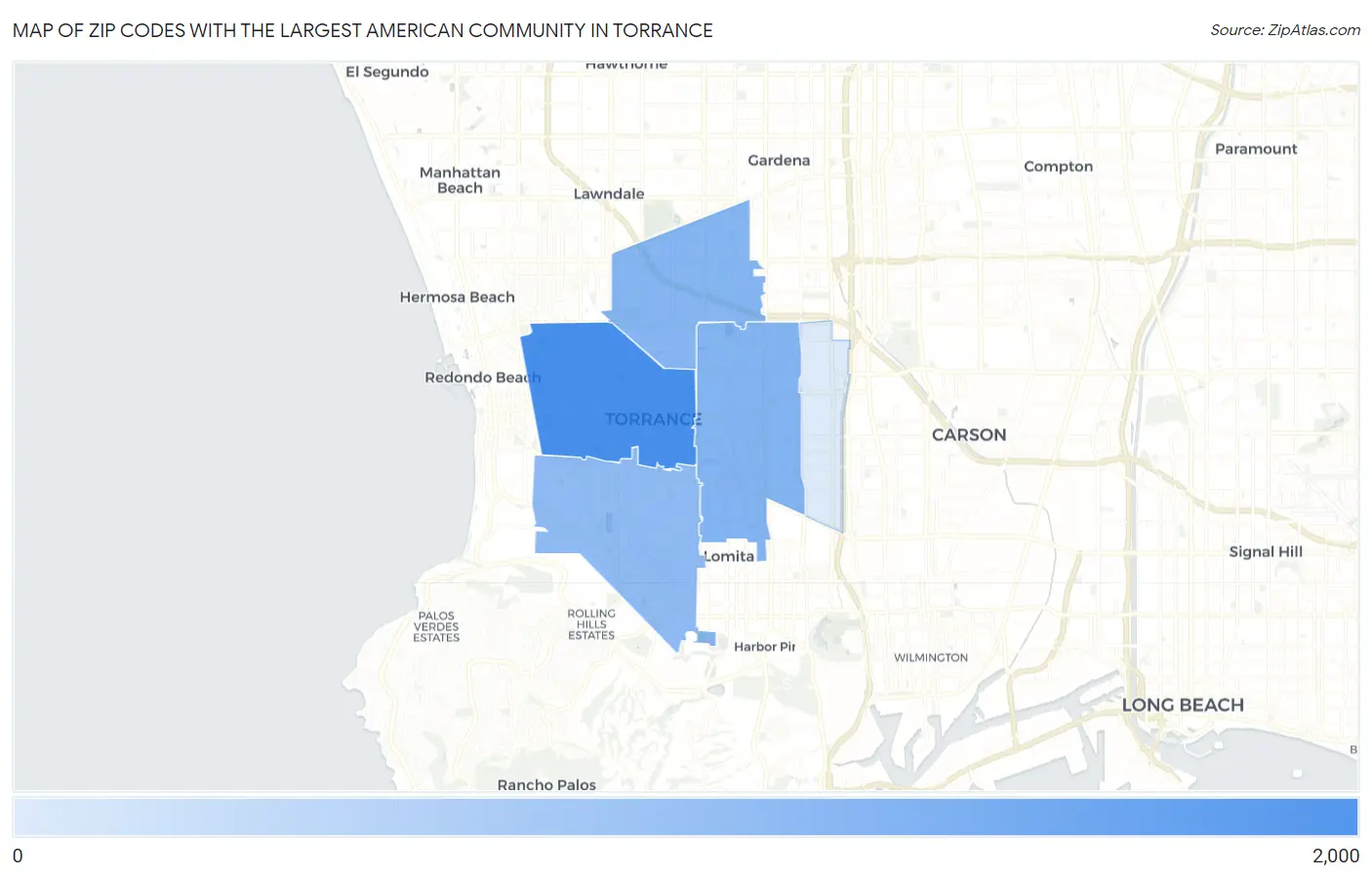 Zip Codes with the Largest American Community in Torrance Map
