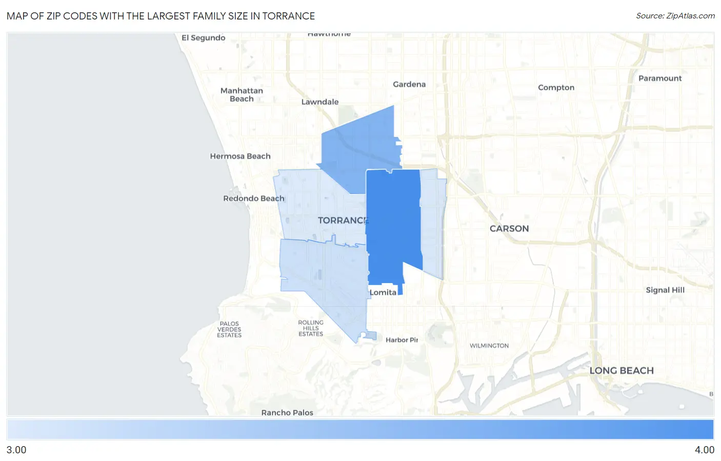 Zip Codes with the Largest Family Size in Torrance Map