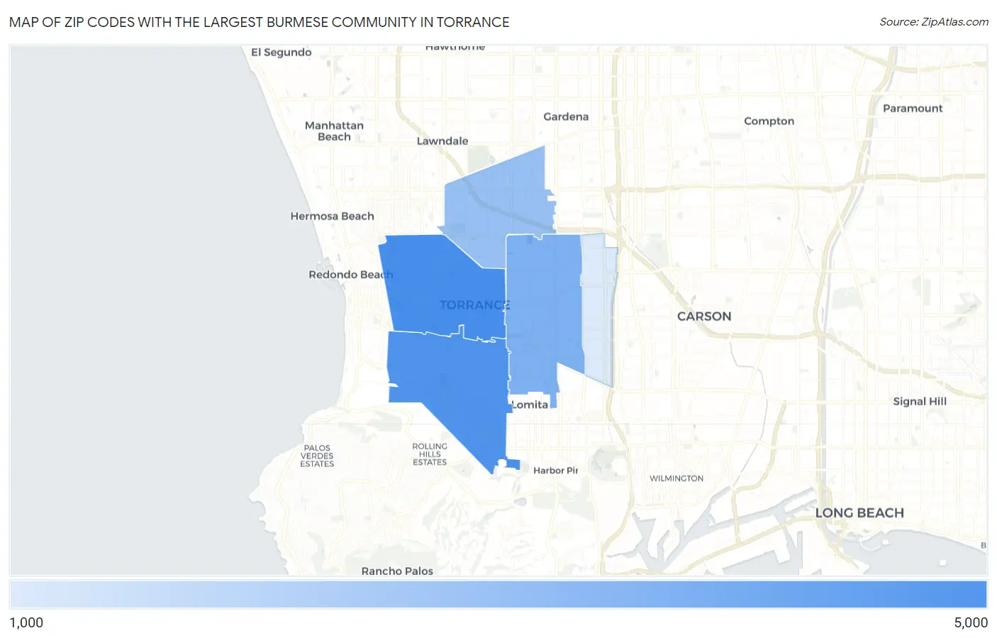 Zip Codes with the Largest Burmese Community in Torrance Map